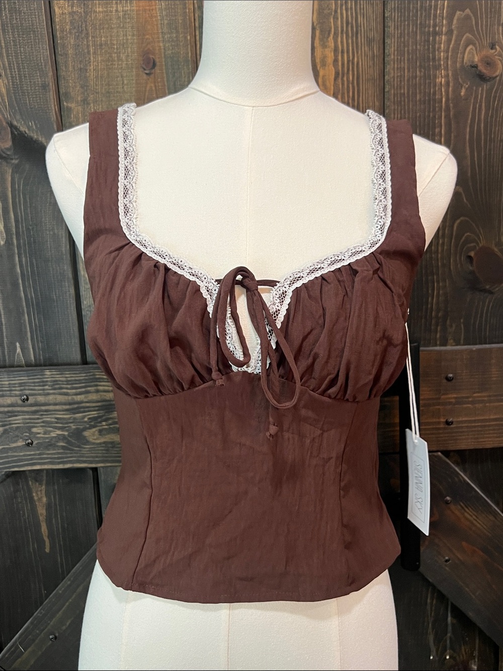 Sienna Sky Lace Trim Brown Smocked Crop Top M Chocolate Babydoll Y2K Western NWT